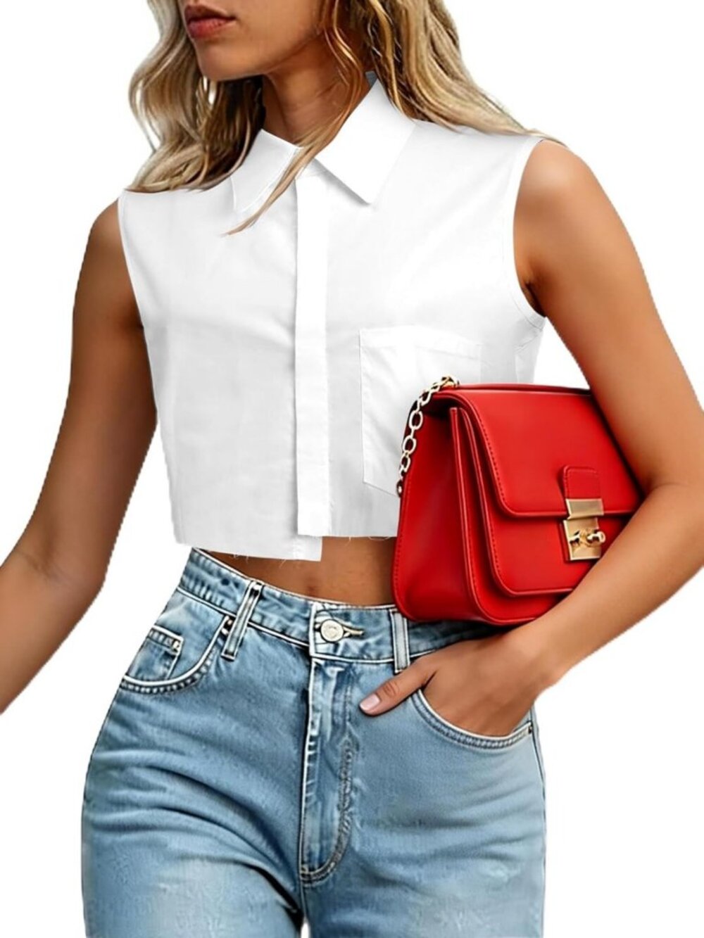 Chic Women's Sleeveless Cropped Blouse with Asymmetrical Hem & Button Detail